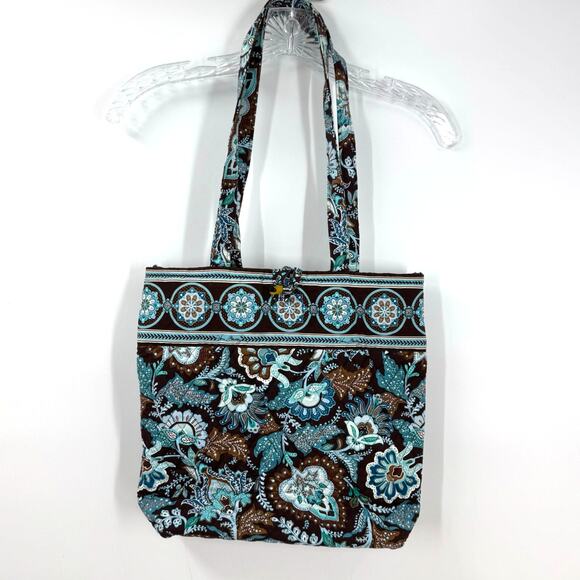 VTG Vera Bradley Tote Bag Java Blue Toggle Closure Brown Shoulder Retired Y2K - Picture 1 of 9